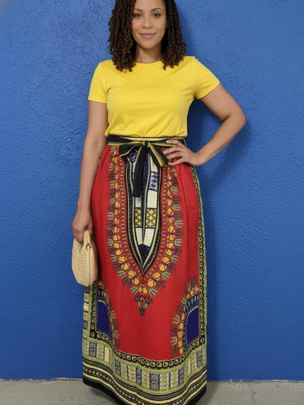 Ana & Kate African Dashiki Long Skirt Red Multi Cotton Elastic Waist Boho Size M